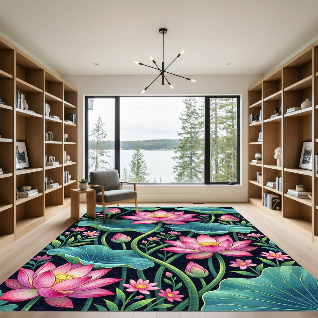 Vibrant Pink Lotus Garden Foliage Rug