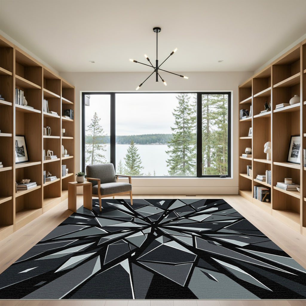 Dark Shattered Glass Geometric Explosion Rug