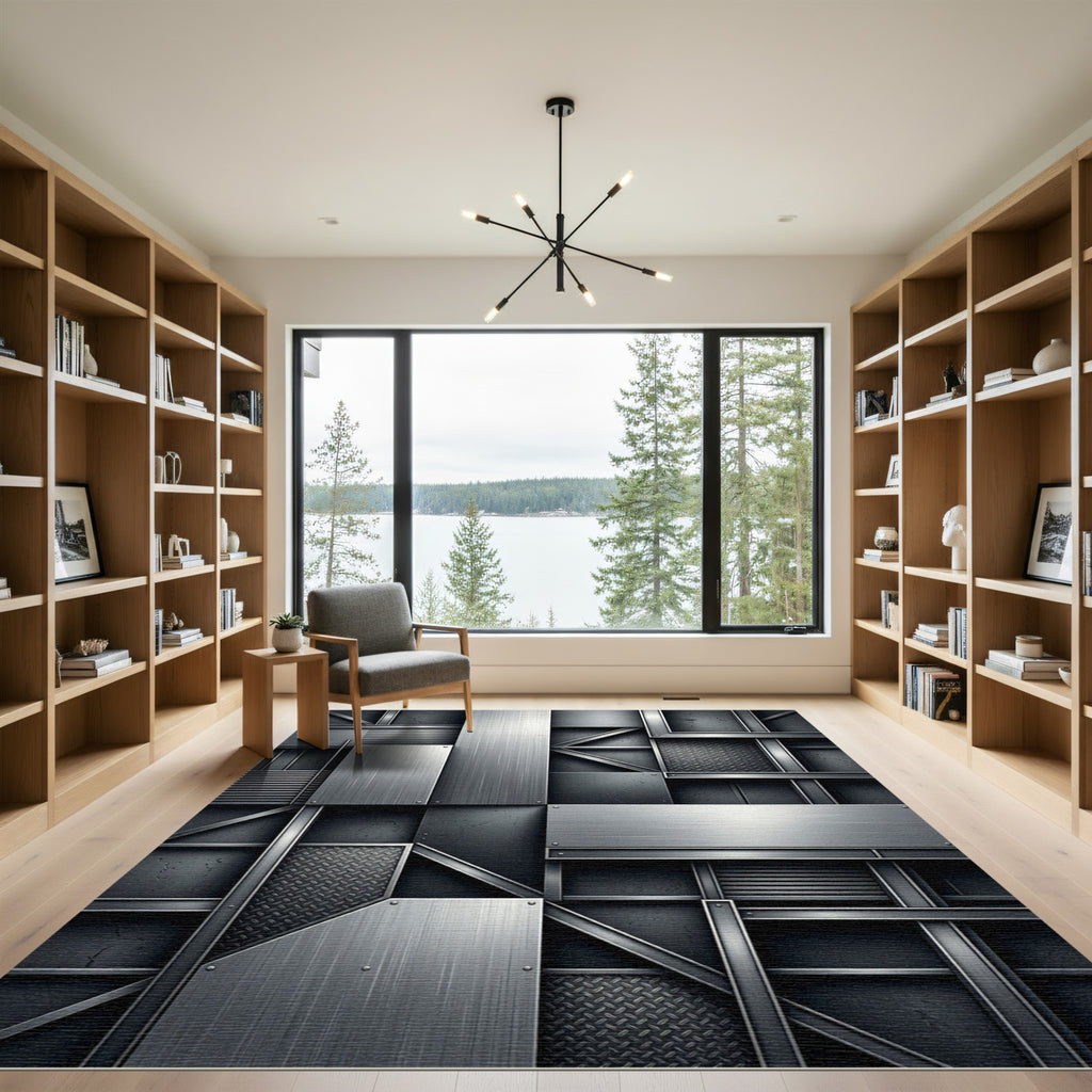 Industrial Steel Metallic Geometric Grid Rug