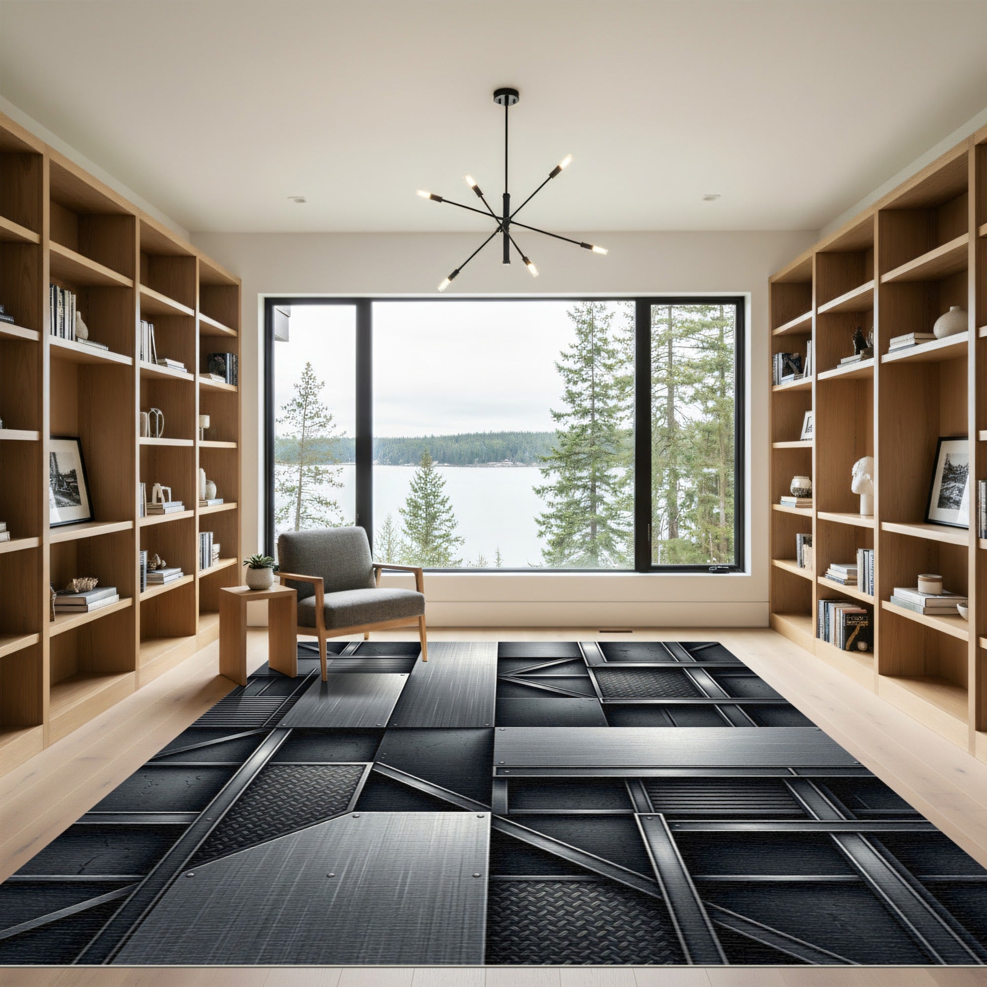 Industrial Steel Metallic Geometric Grid Rug