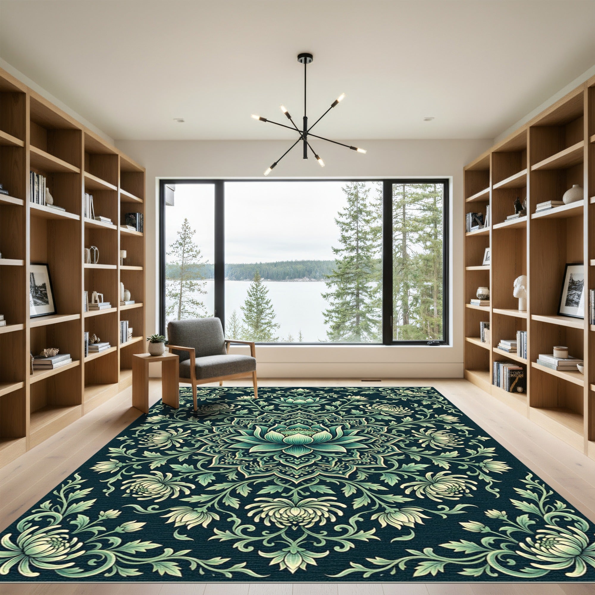 Teal Lotus Floral Medallion Art Rug