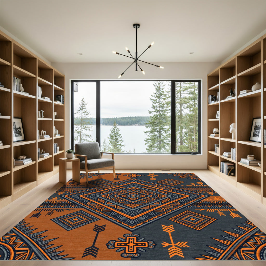 Bold Charcoal and Amber Geometric Totem Rug