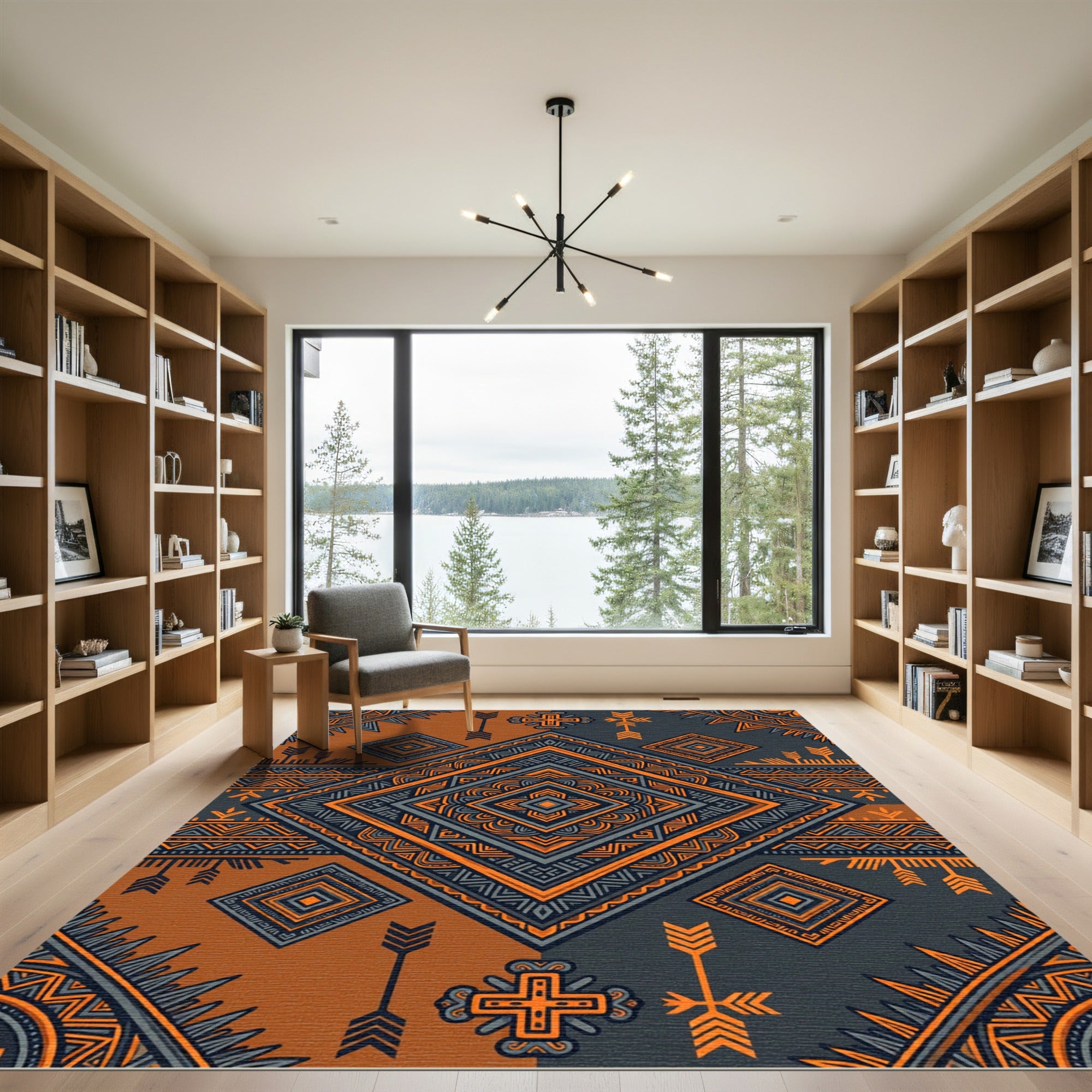 Bold Charcoal and Amber Geometric Totem Rug