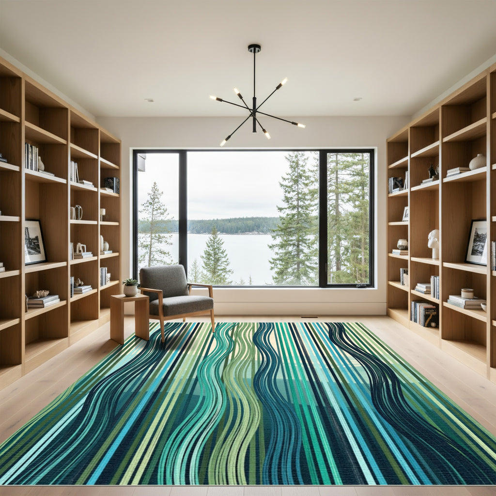 Abstract Teal and Forest Green Linear Wave Rug