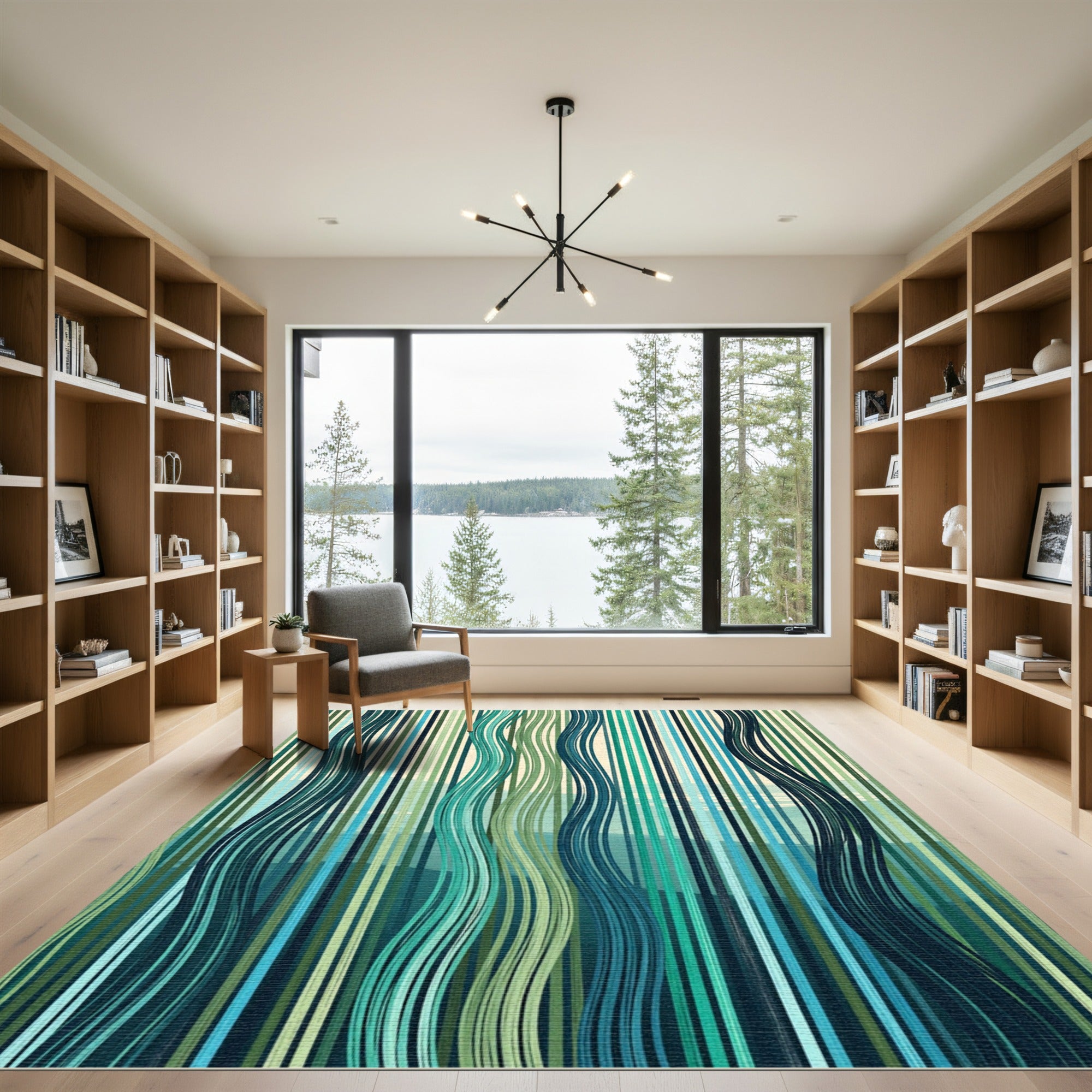 Abstract Teal and Forest Green Linear Wave Rug
