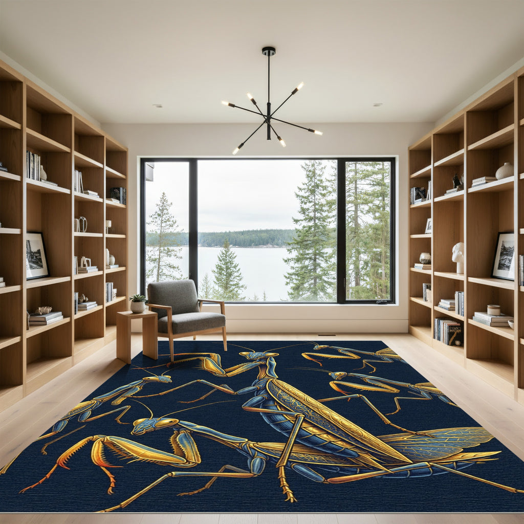 Golden Mantis Blue Entomology Illustration Rug