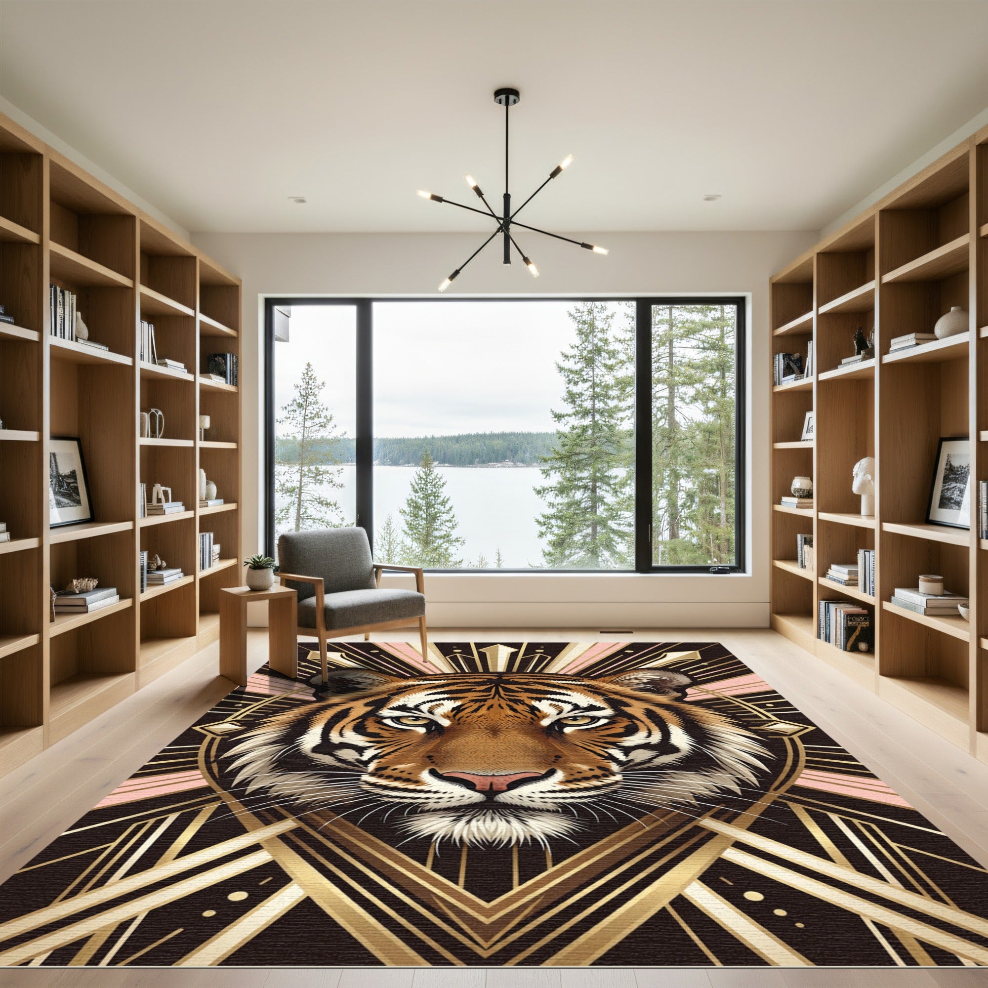 Majestic Tiger Art Deco Rose Gold Rug