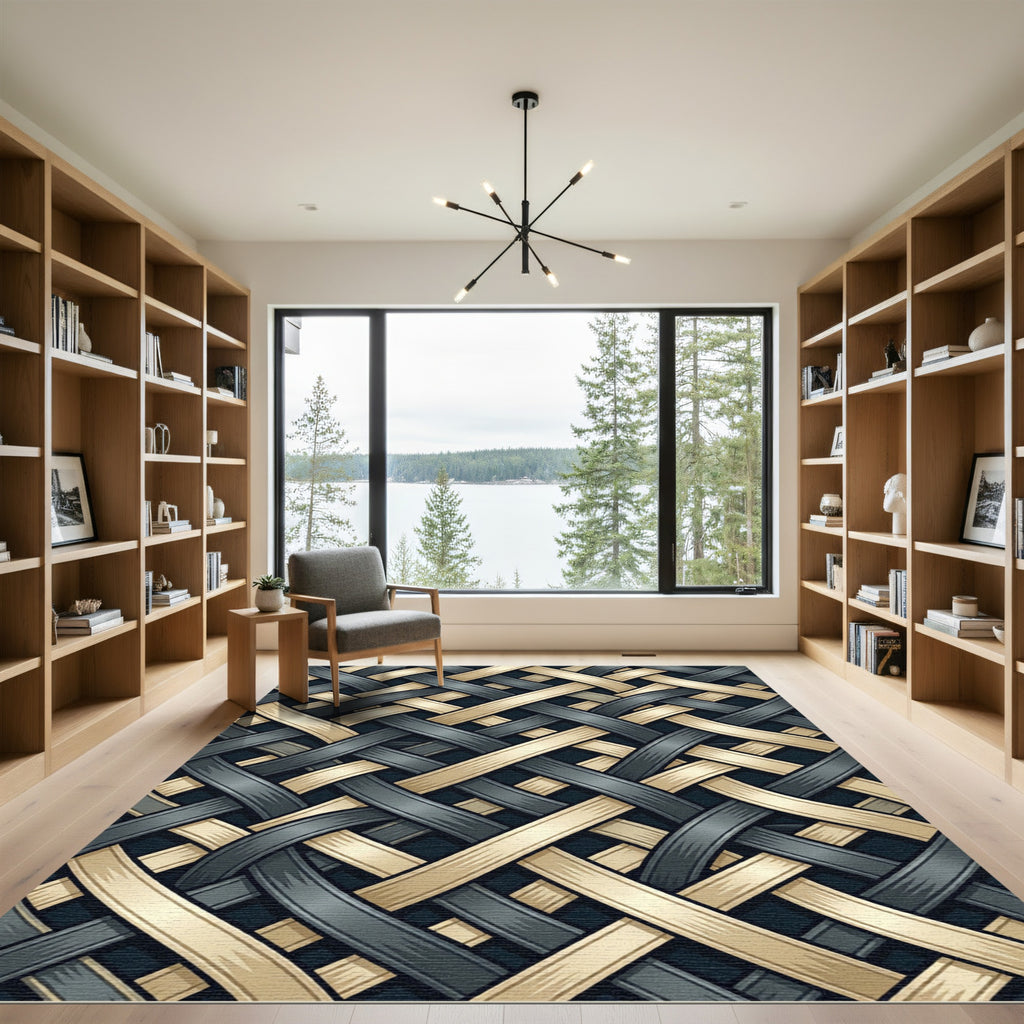 Interlocking Golden and Charcoal Woven Ribbons Rug