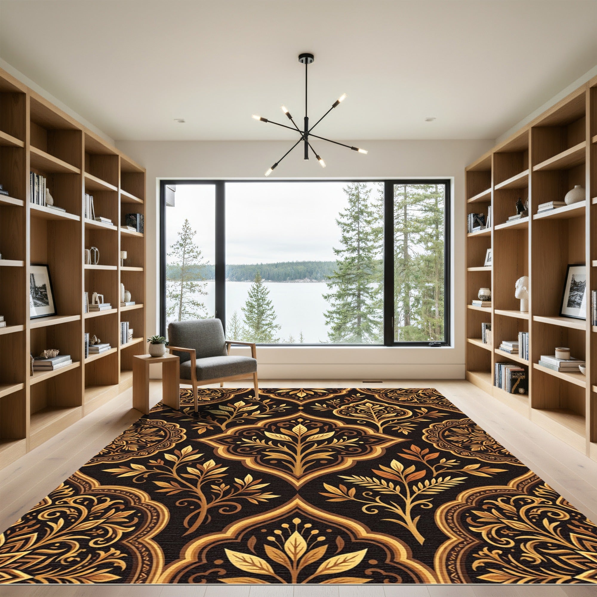 Elegant Gilded Botanical Medallion Damask Rug