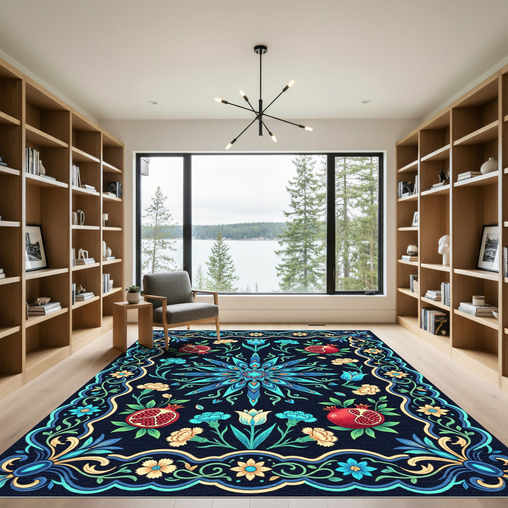 Deep Blue Floral Pomegranate Medallion Rug