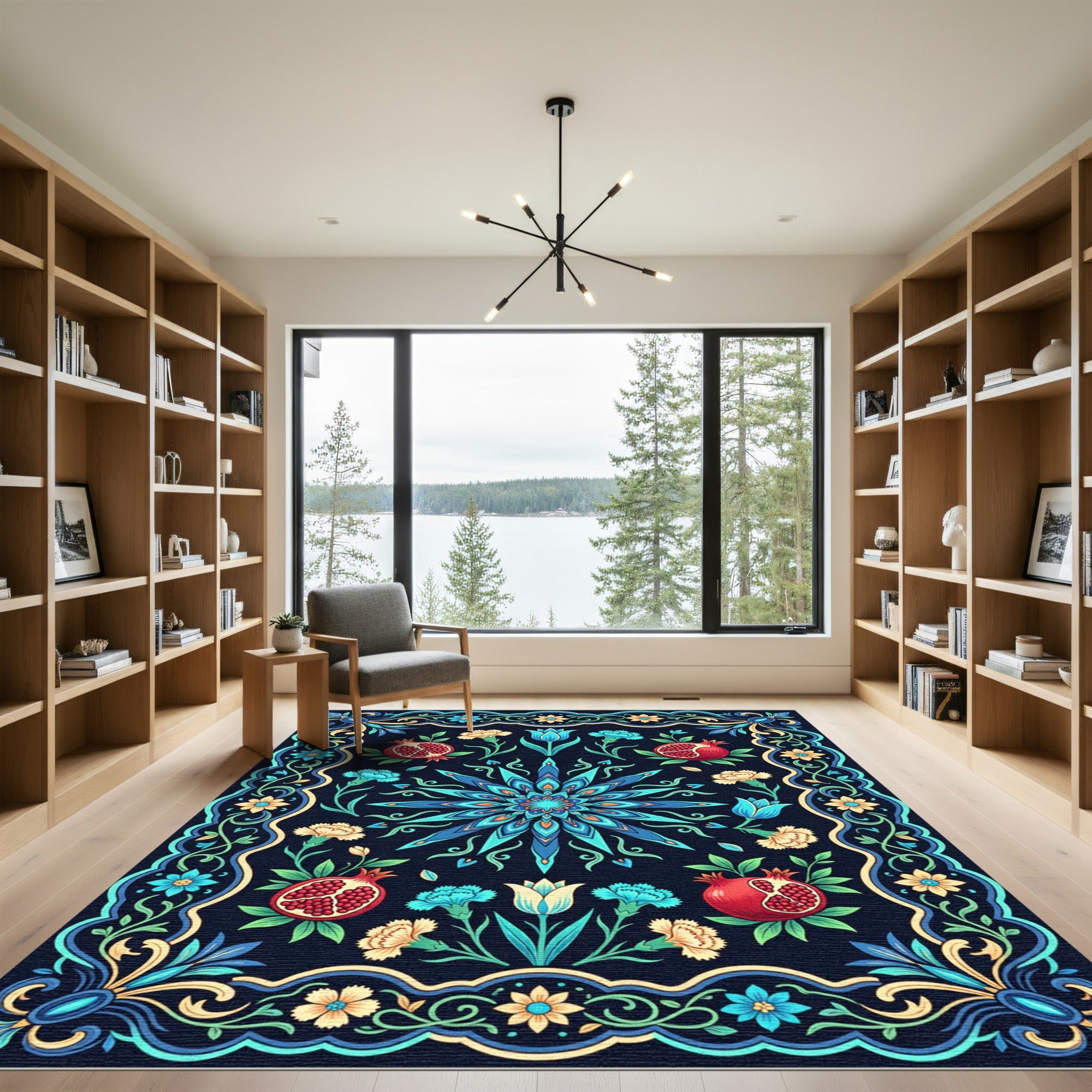 Deep Blue Floral Pomegranate Medallion Rug