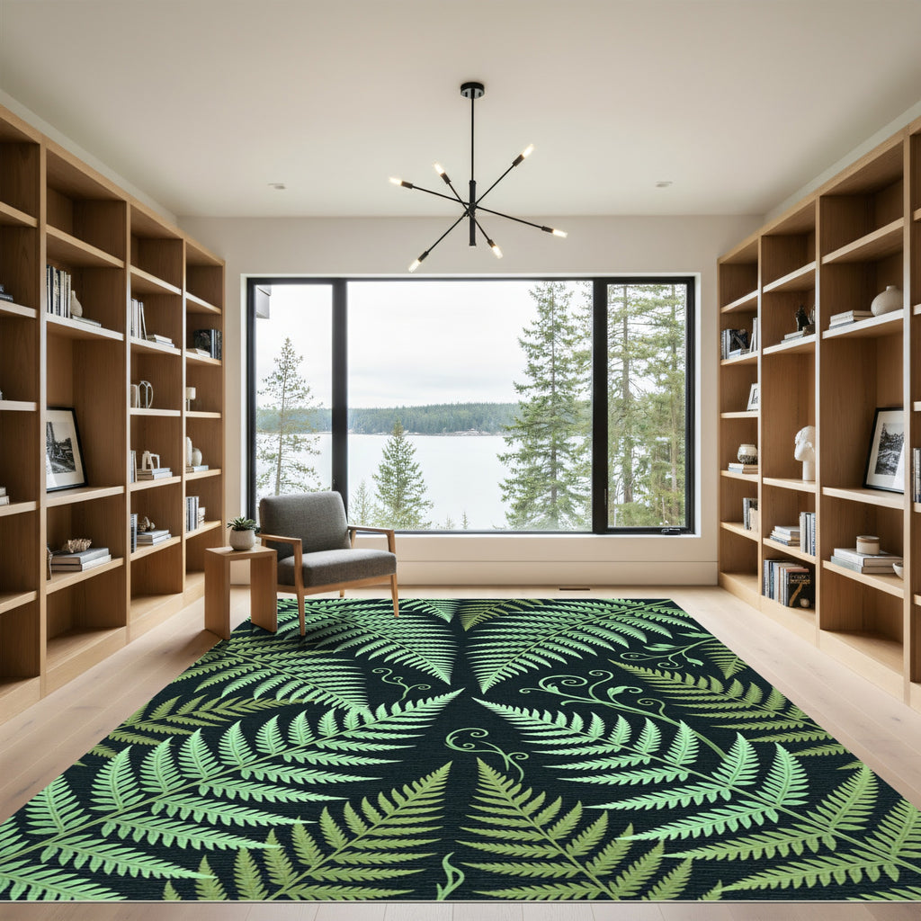 Emerald Fern Fronds Dark Botanical Rug