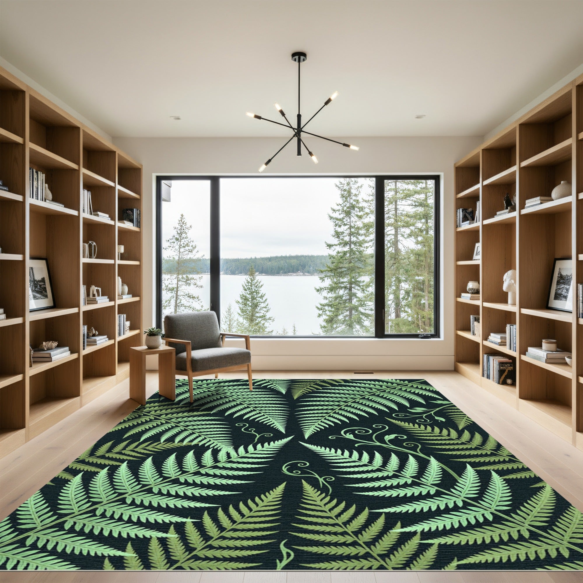 Emerald Fern Fronds Dark Botanical Rug