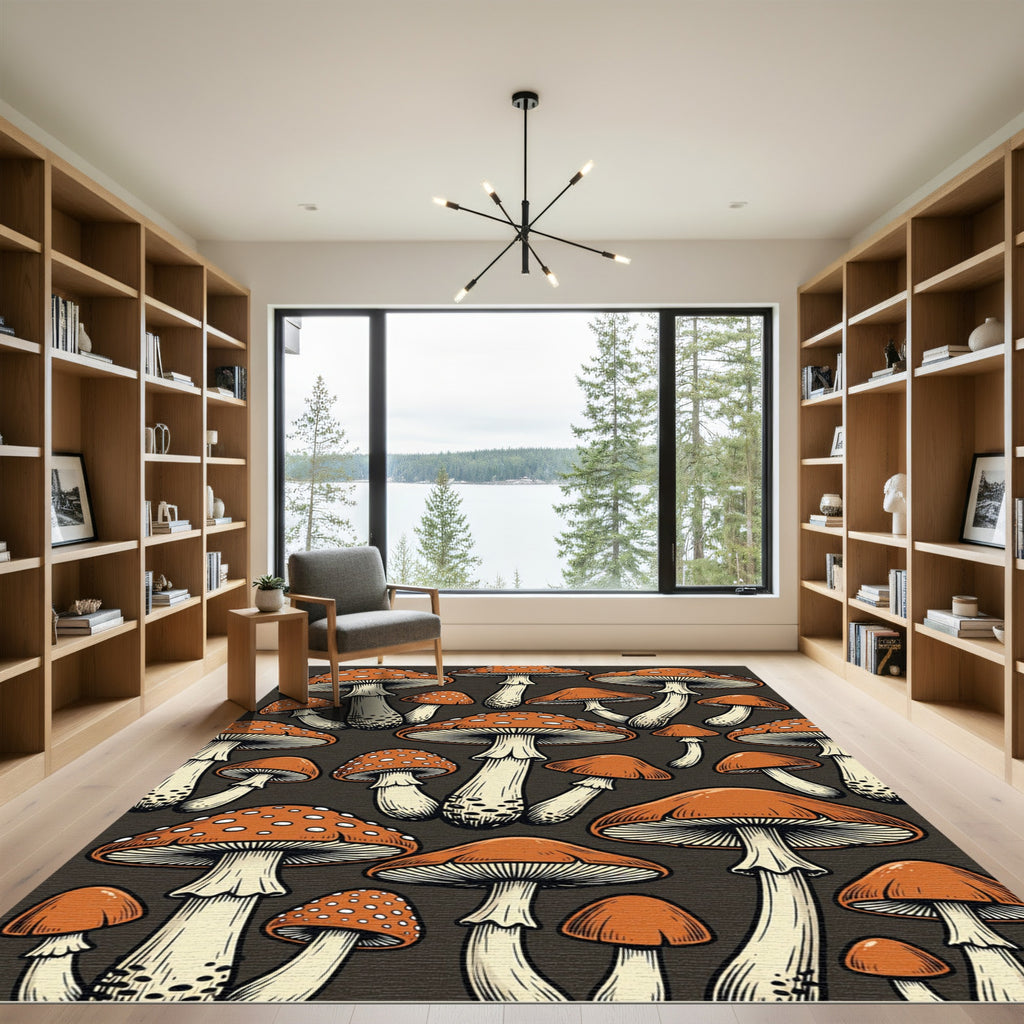 Whimsical Speckled Orange Mushroom Forest Rug
