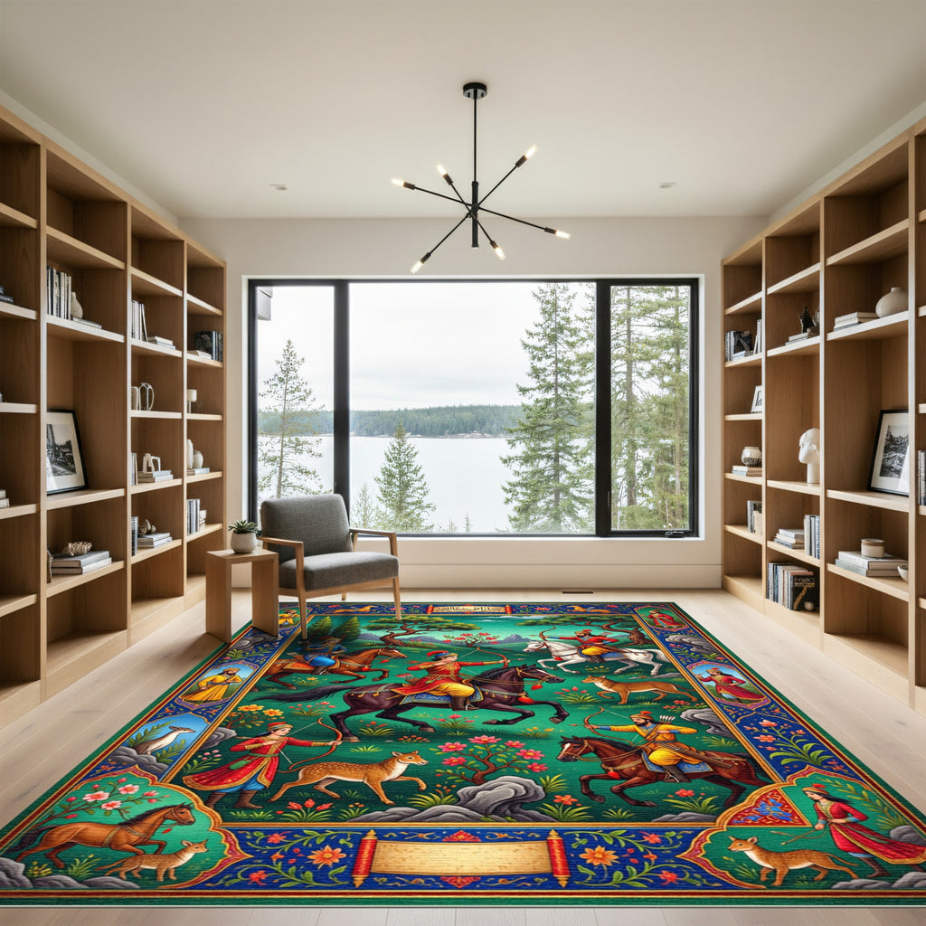 Riding Archers Hunting Scene Emerald Rug
