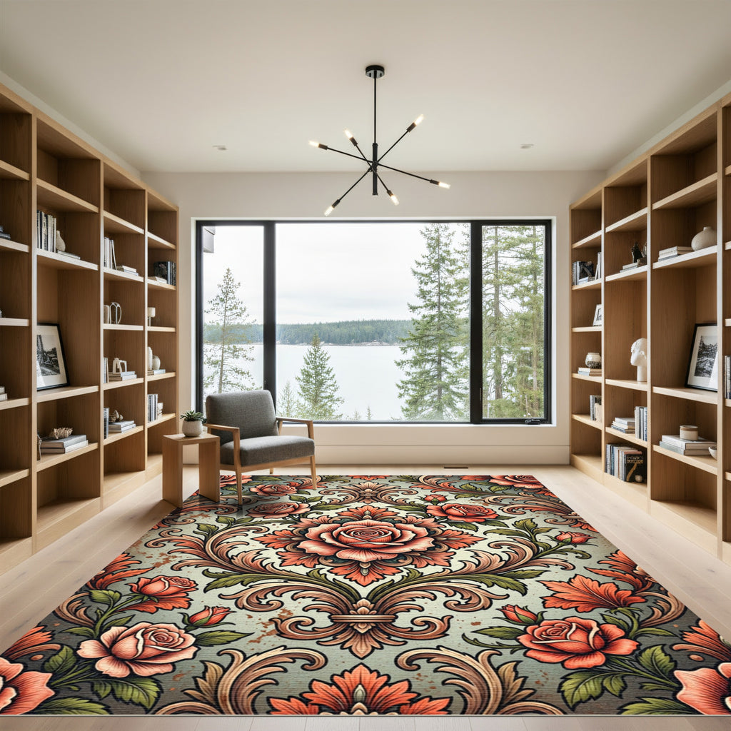 Vintage Salmon Rose Acanthus Scroll Rug