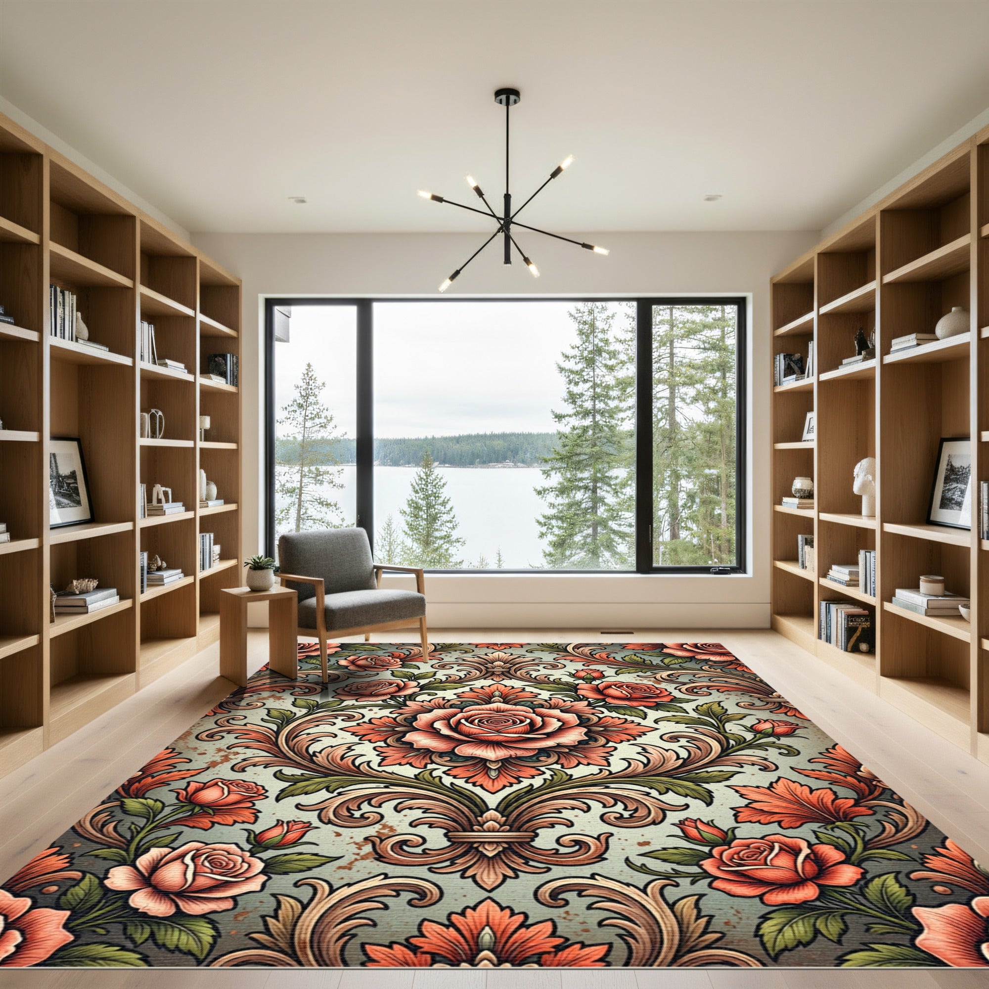 Vintage Salmon Rose Acanthus Scroll Rug