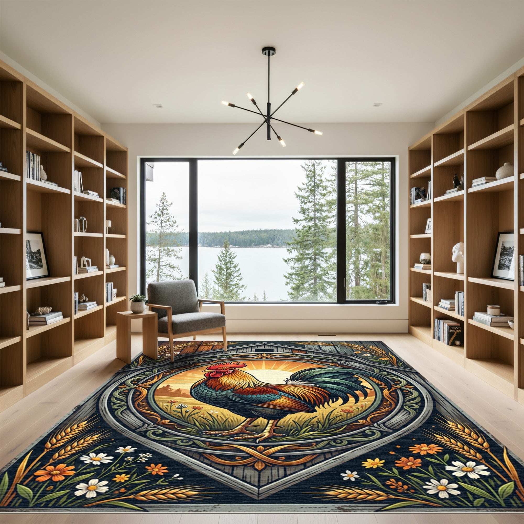 Rustic Golden Rooster Farmhouse Art Rug