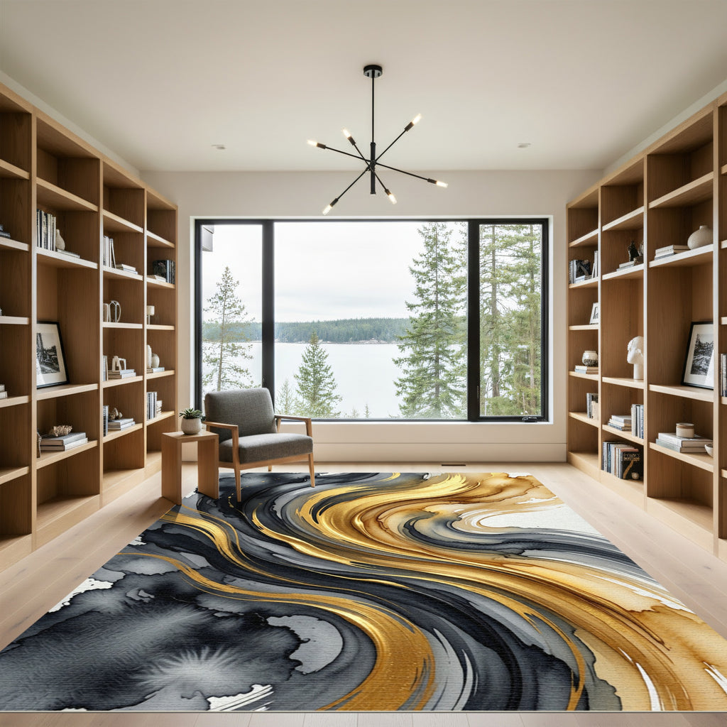 Abstract Liquid Gold and Charcoal Swirl Rug