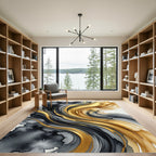 Abstract Liquid Gold and Charcoal Swirl Rug