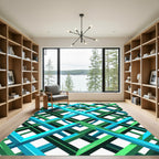Geometric Interwoven Teal and Emerald Grid Rug
