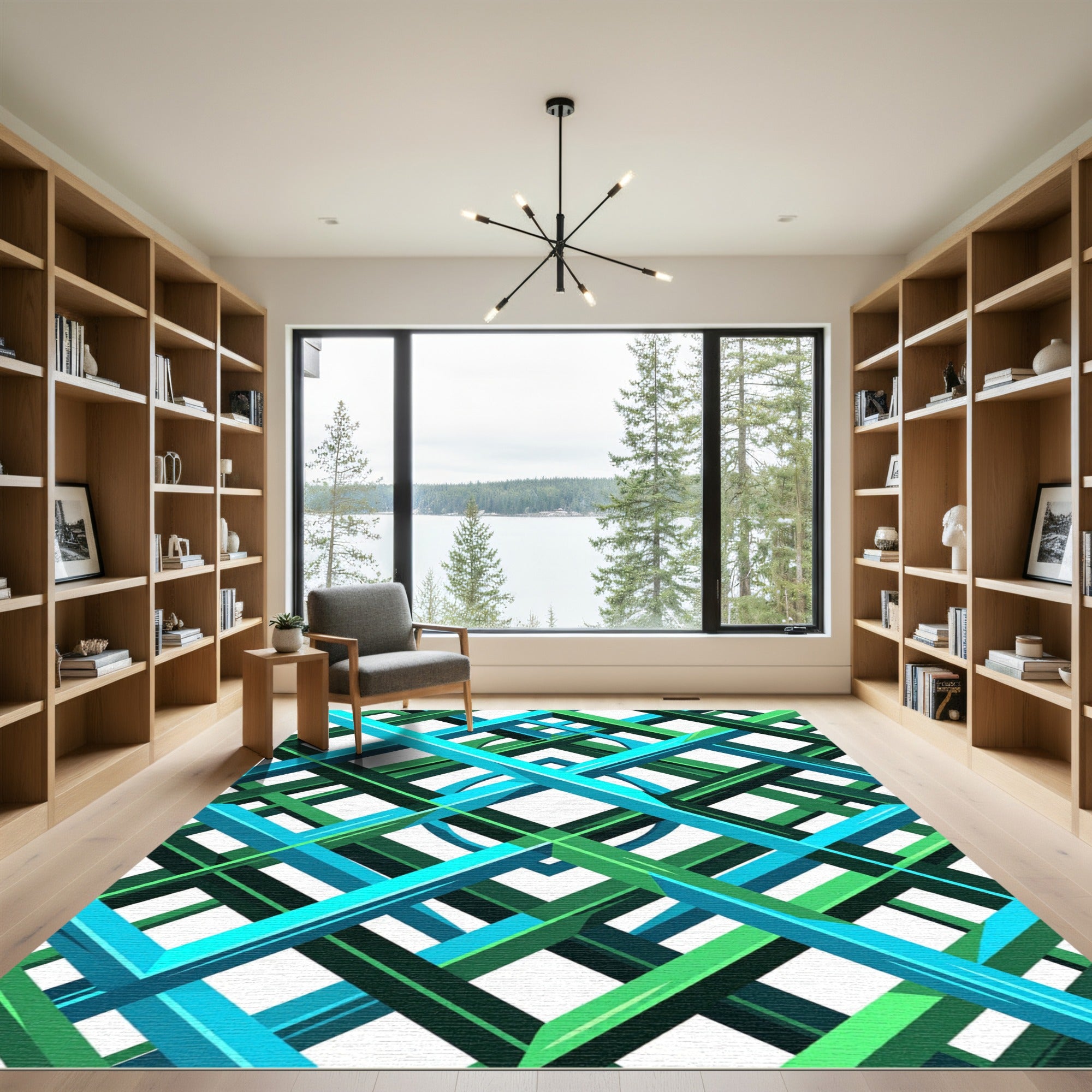 Geometric Interwoven Teal and Emerald Grid Rug