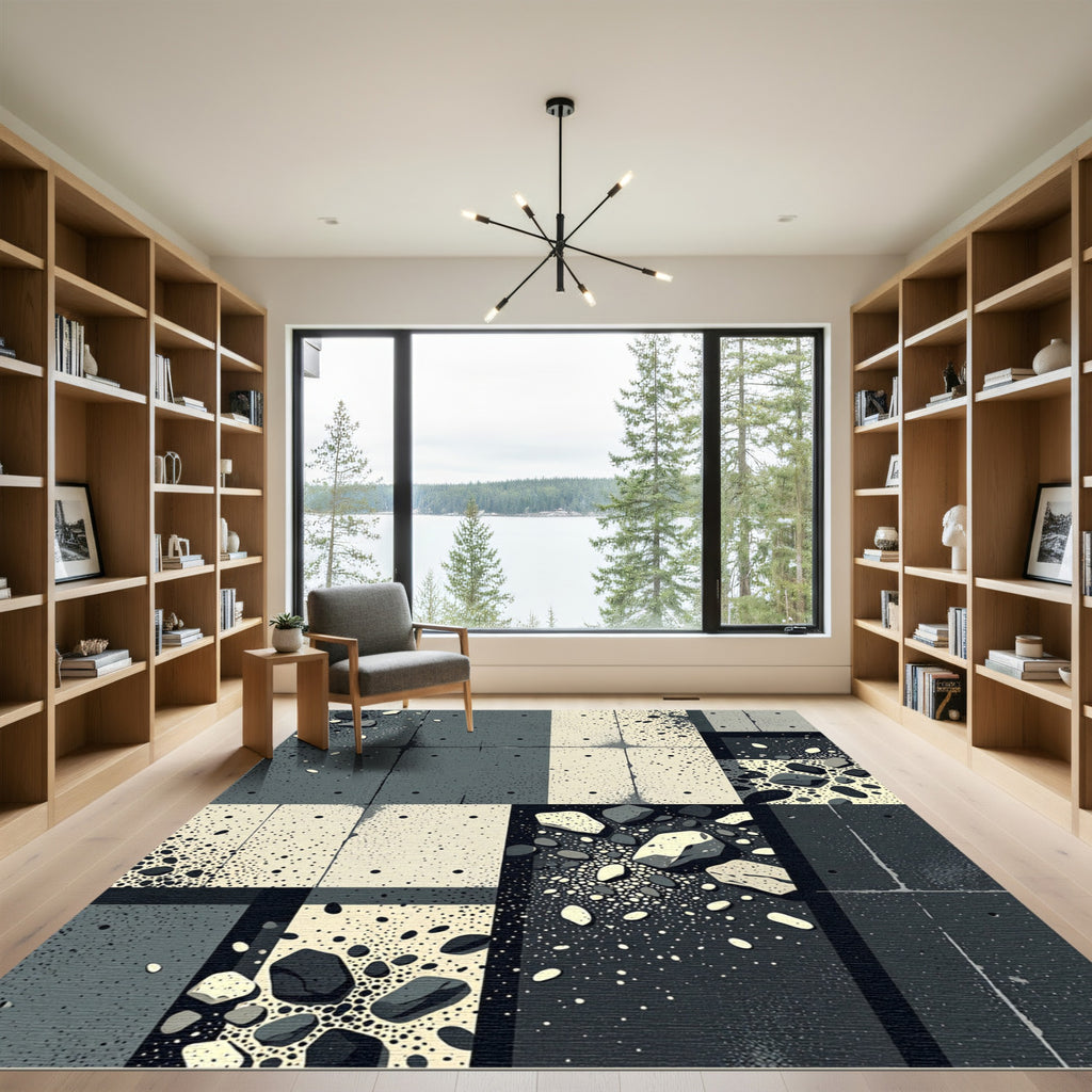 Monochrome Pebble Scattered Grid Rug