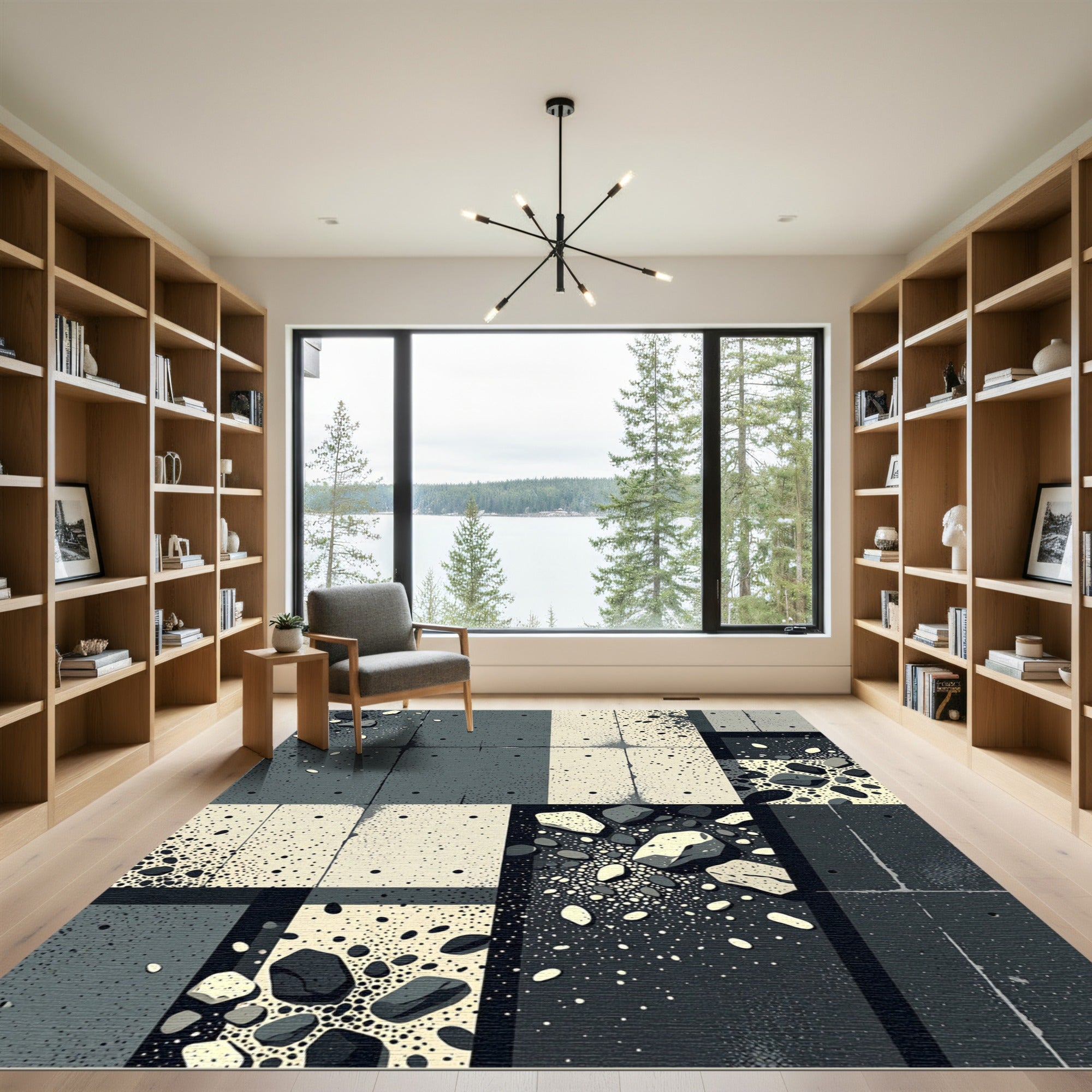 Monochrome Pebble Scattered Grid Rug