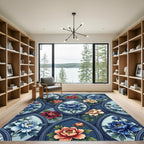 Elegance Deep Blue Peony Arch Floral Rug