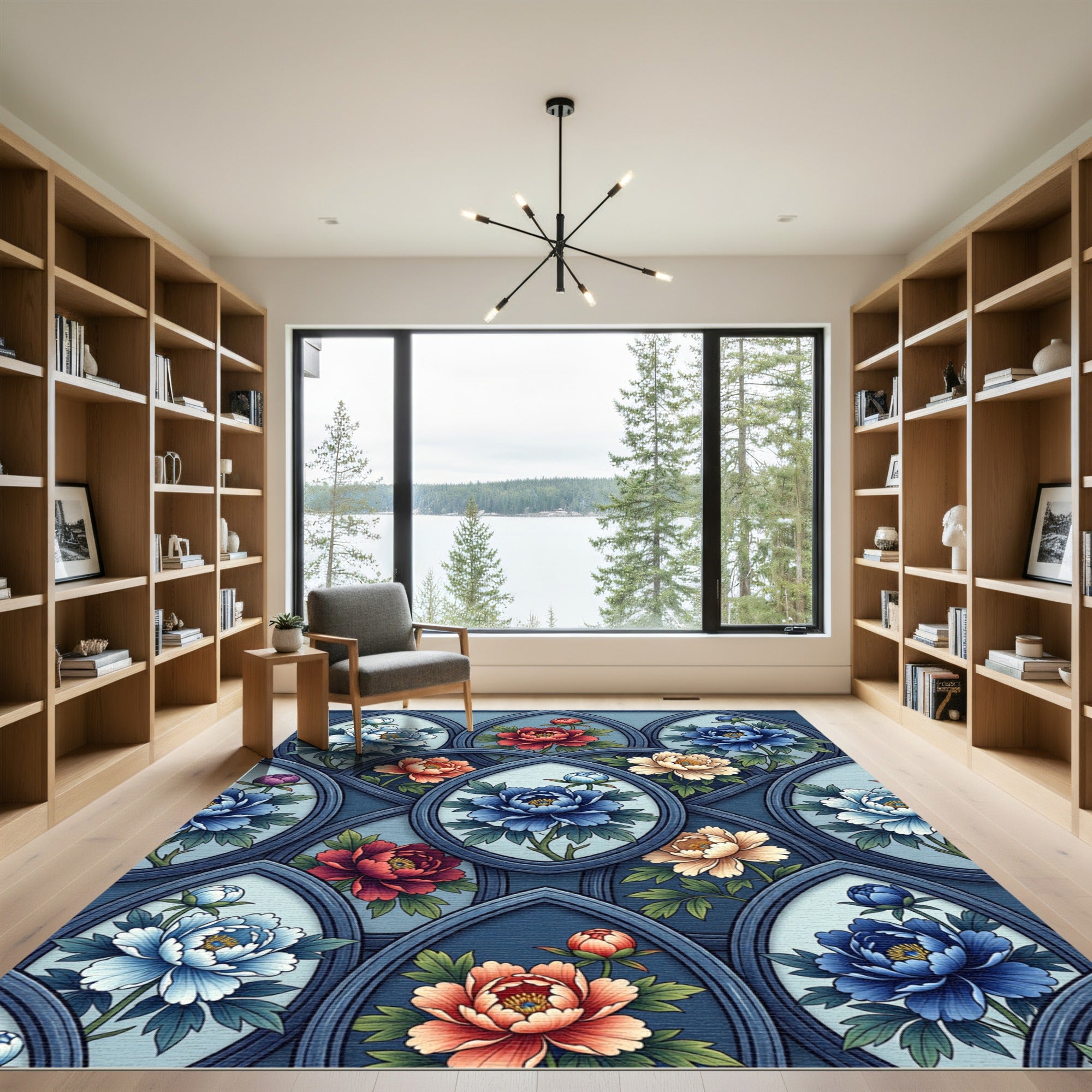 Elegance Deep Blue Peony Arch Floral Rug