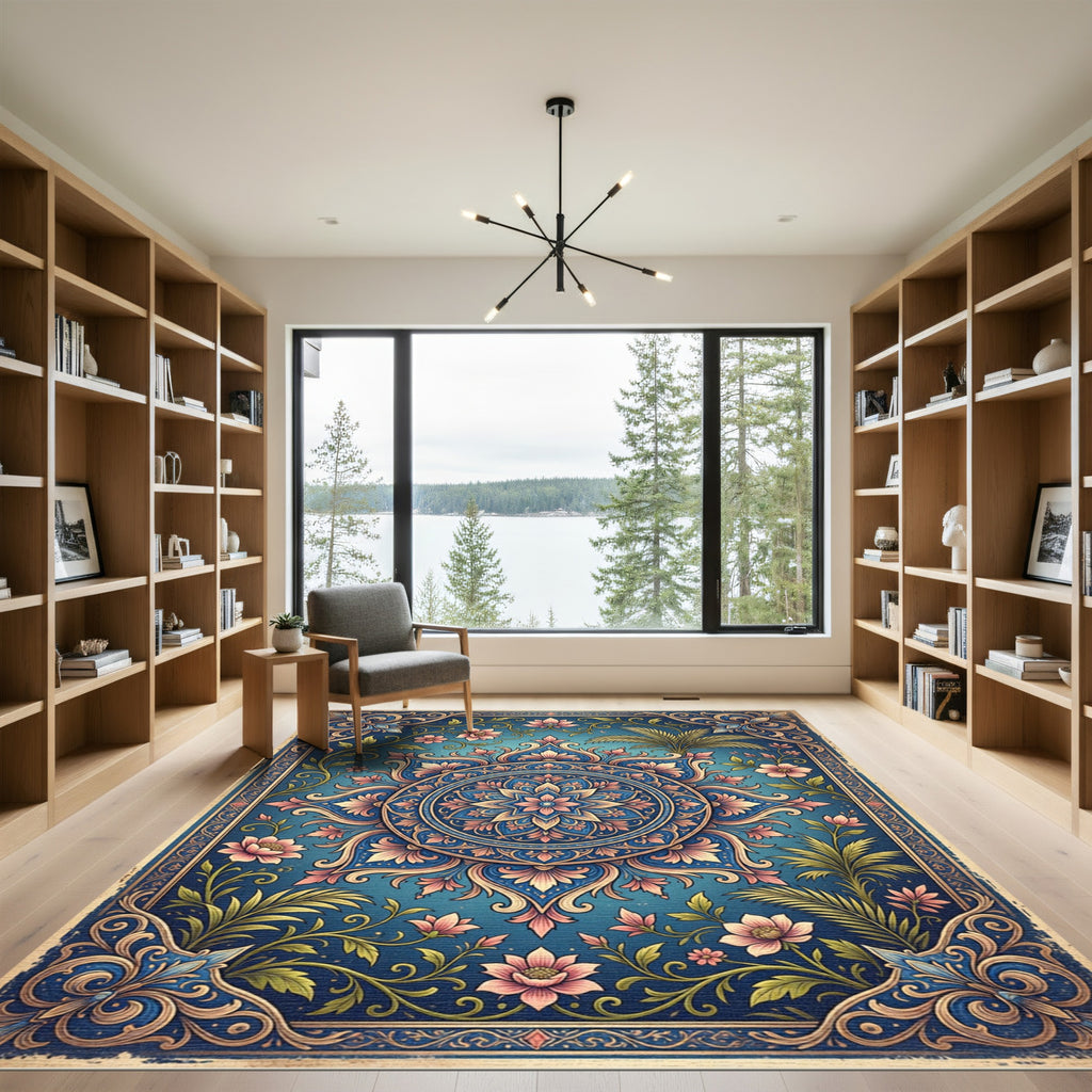 Elegant Floral Medallion Azure Teal Rug