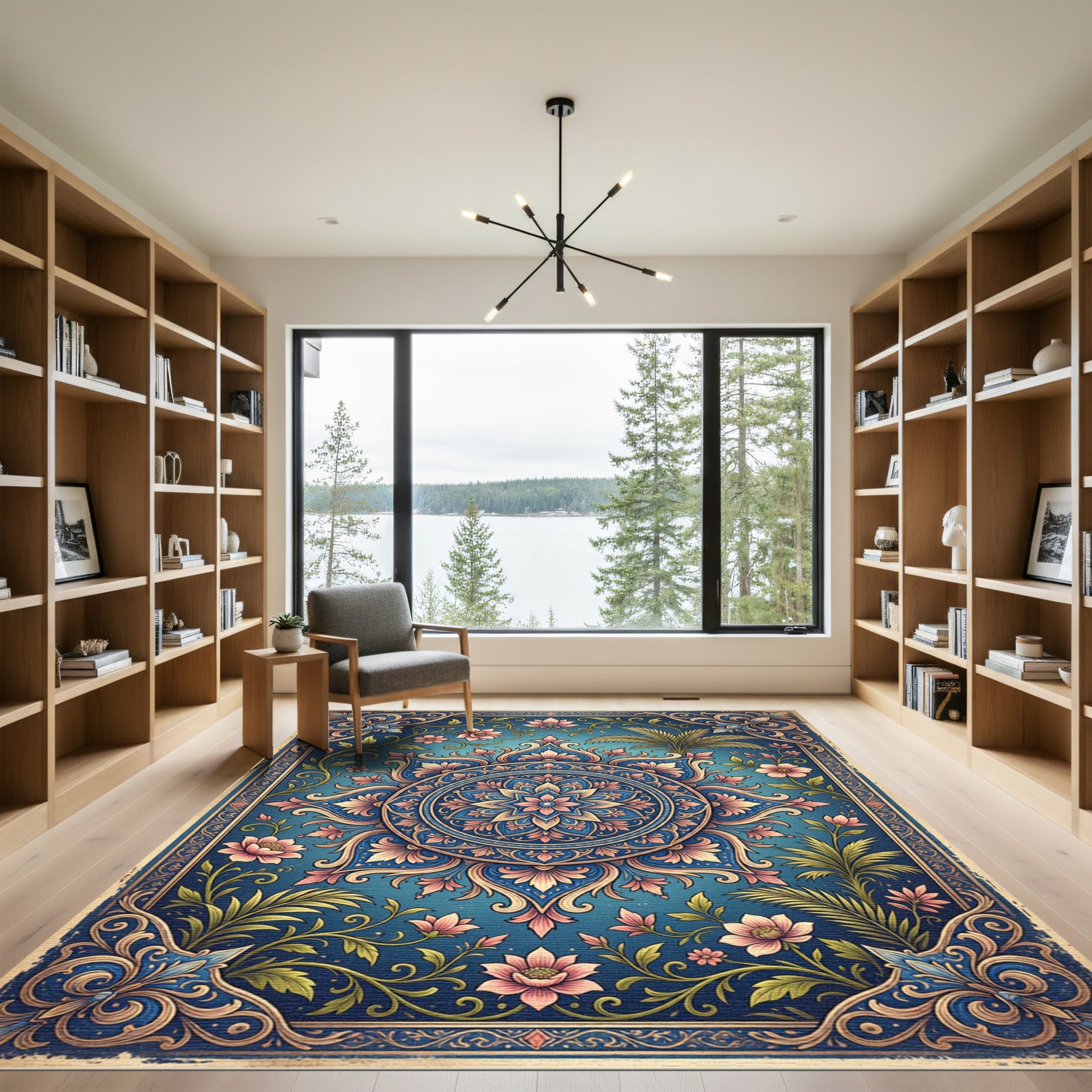 Elegant Floral Medallion Azure Teal Rug