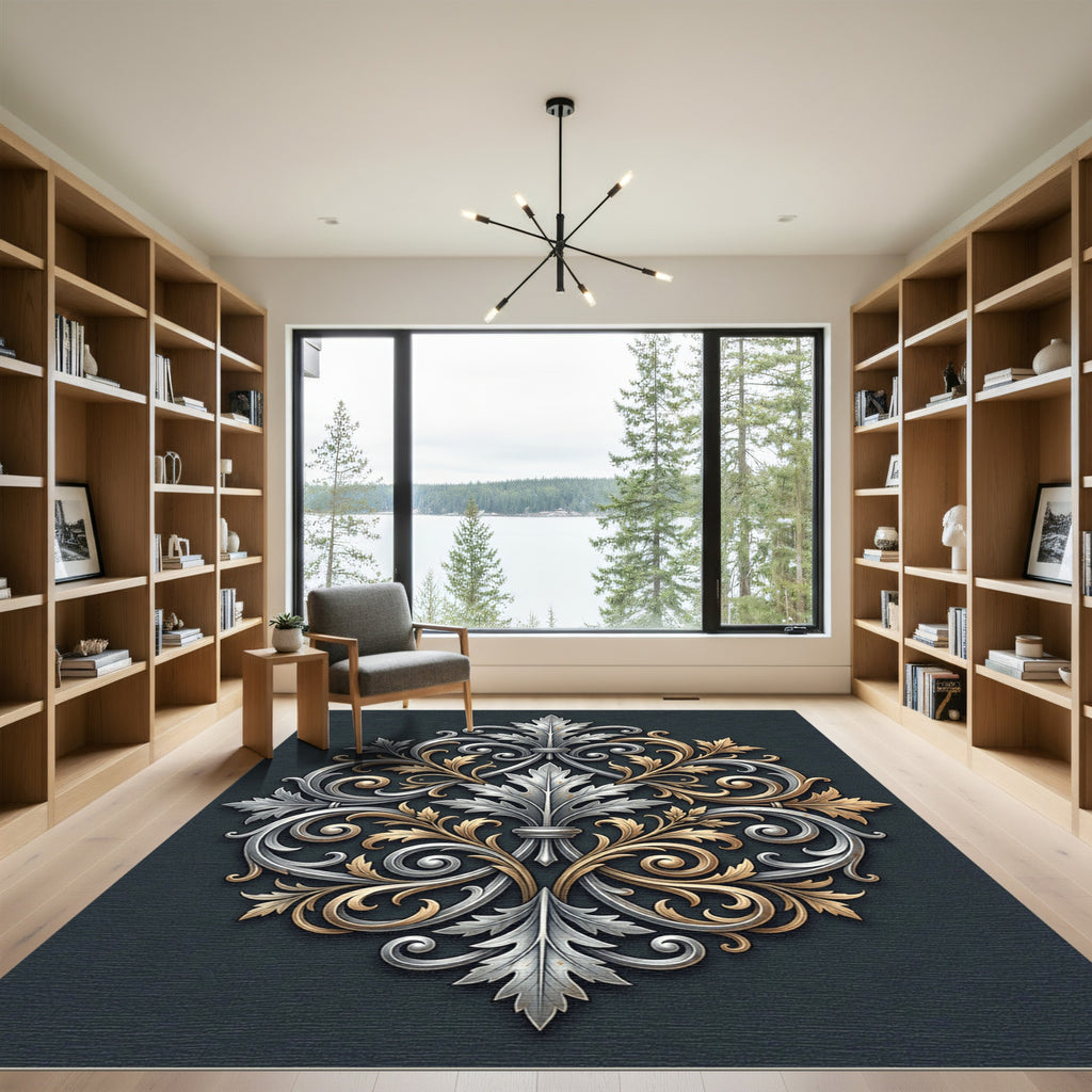 Elegant Silver and Gold Acanthus Scroll Rug