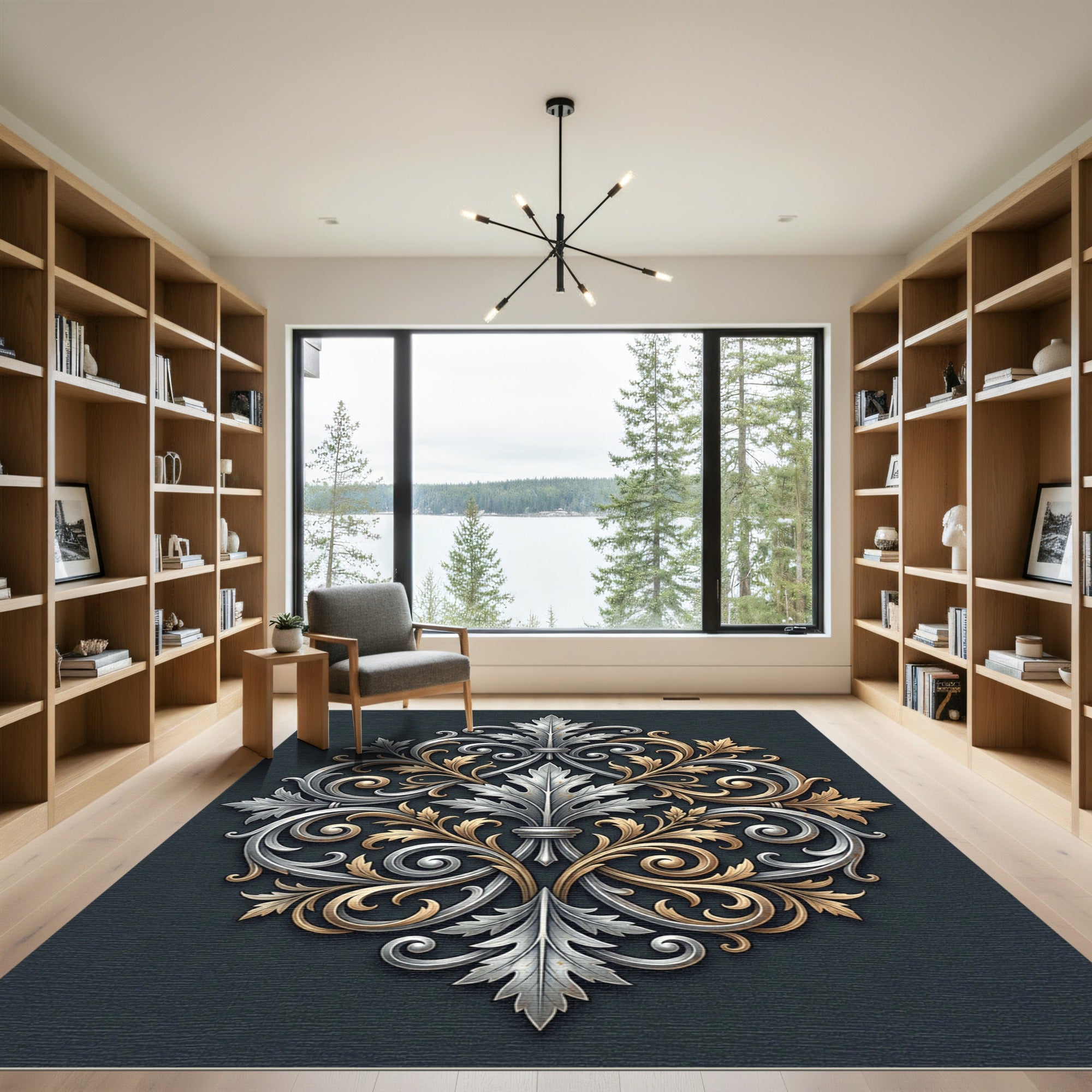 Elegant Silver and Gold Acanthus Scroll Rug