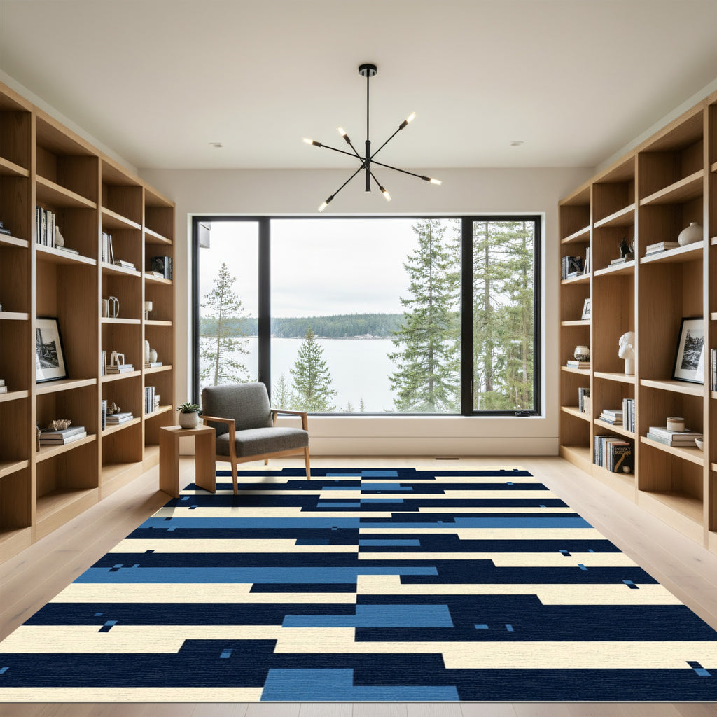Modern Navy Blue Geometric Blocked Stripe Rug