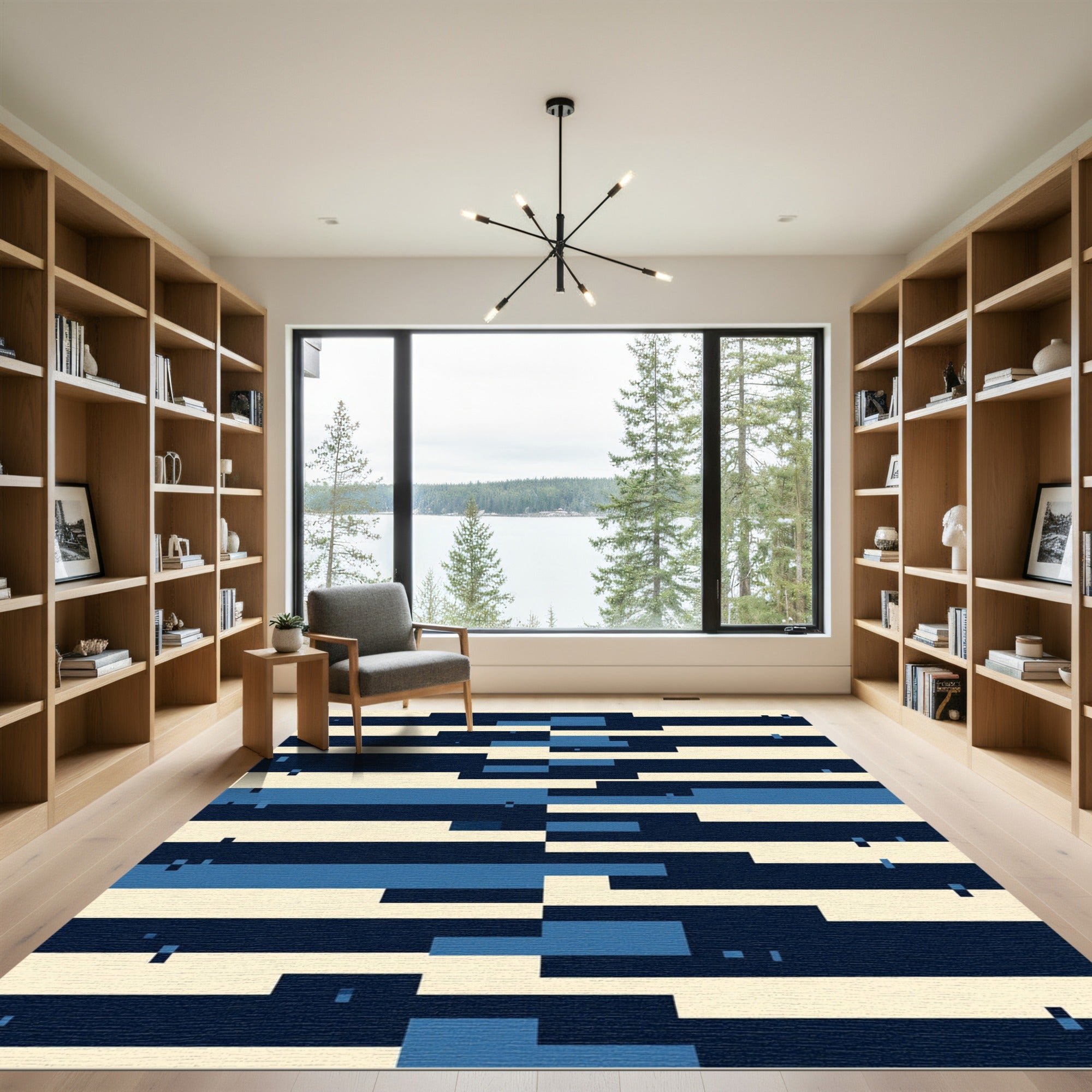 Modern Navy Blue Geometric Blocked Stripe Rug