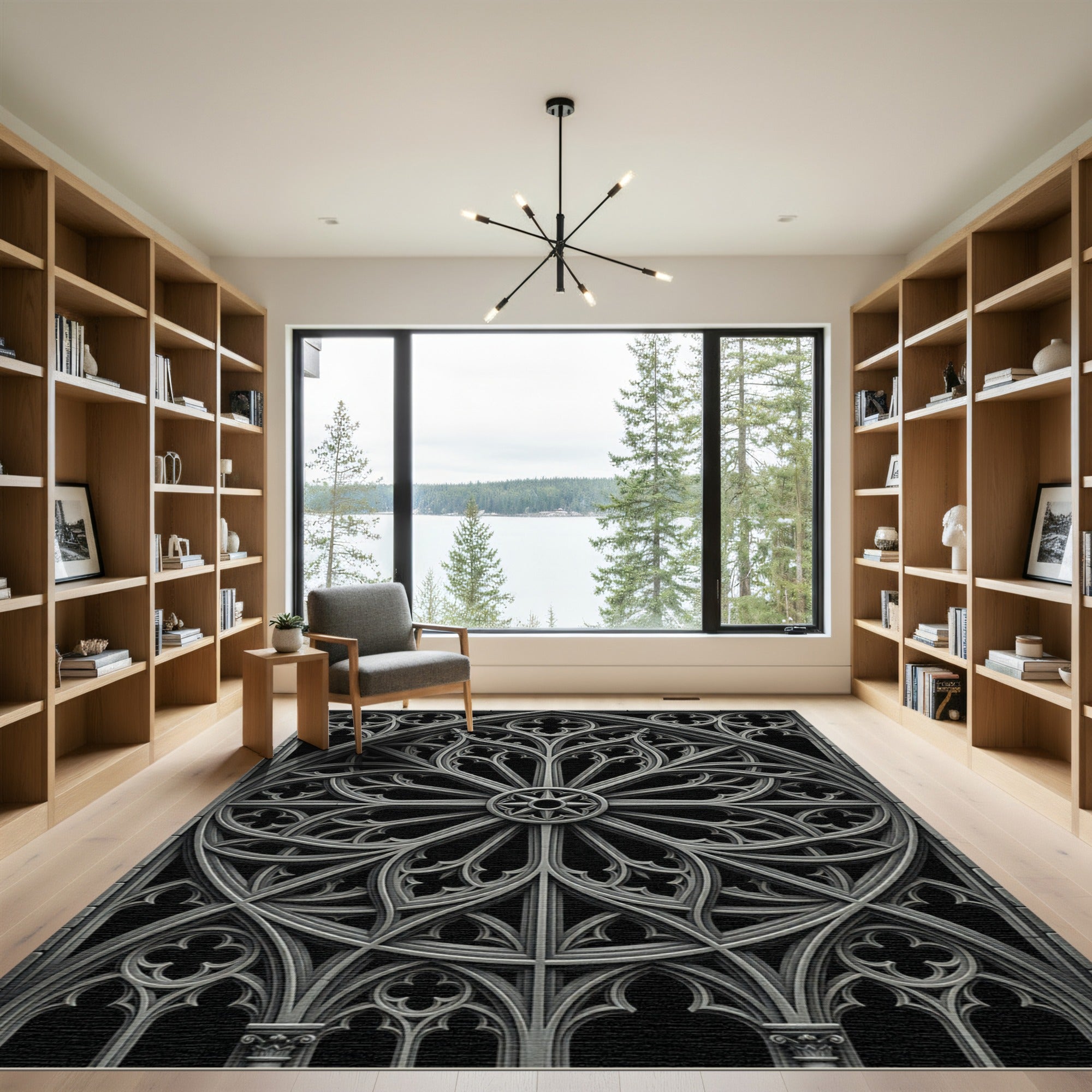 Gothic Monochrome Architectural Rose Window Rug