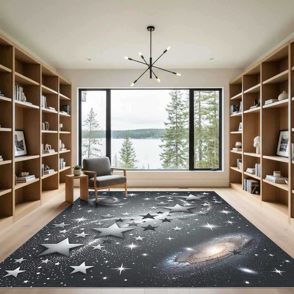 Cosmic Silver Star Spiral Galaxy Rug