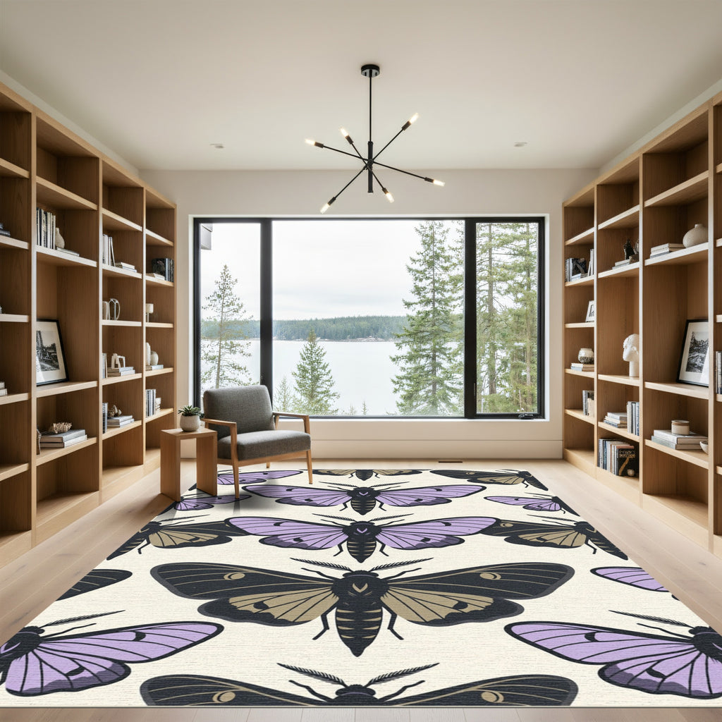 Whimsical Purple Moth Botanical Art Rug