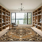 Ornate Gold Shell Baroque Scroll Medallion Rug