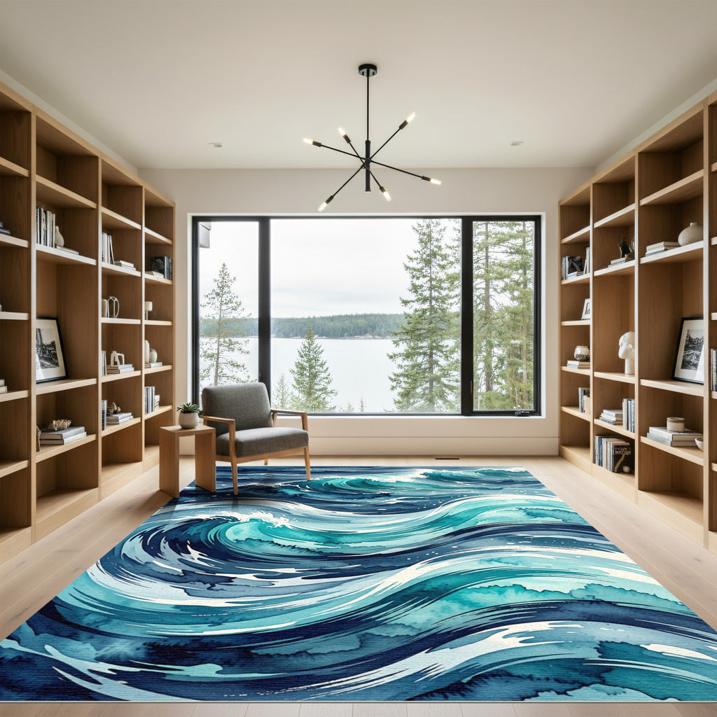 Dynamic Teal Ocean Wave Abstract Rug