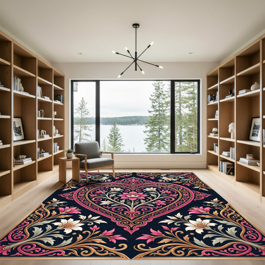 Exquisite Pink Gold Floral Heart Frame Rug