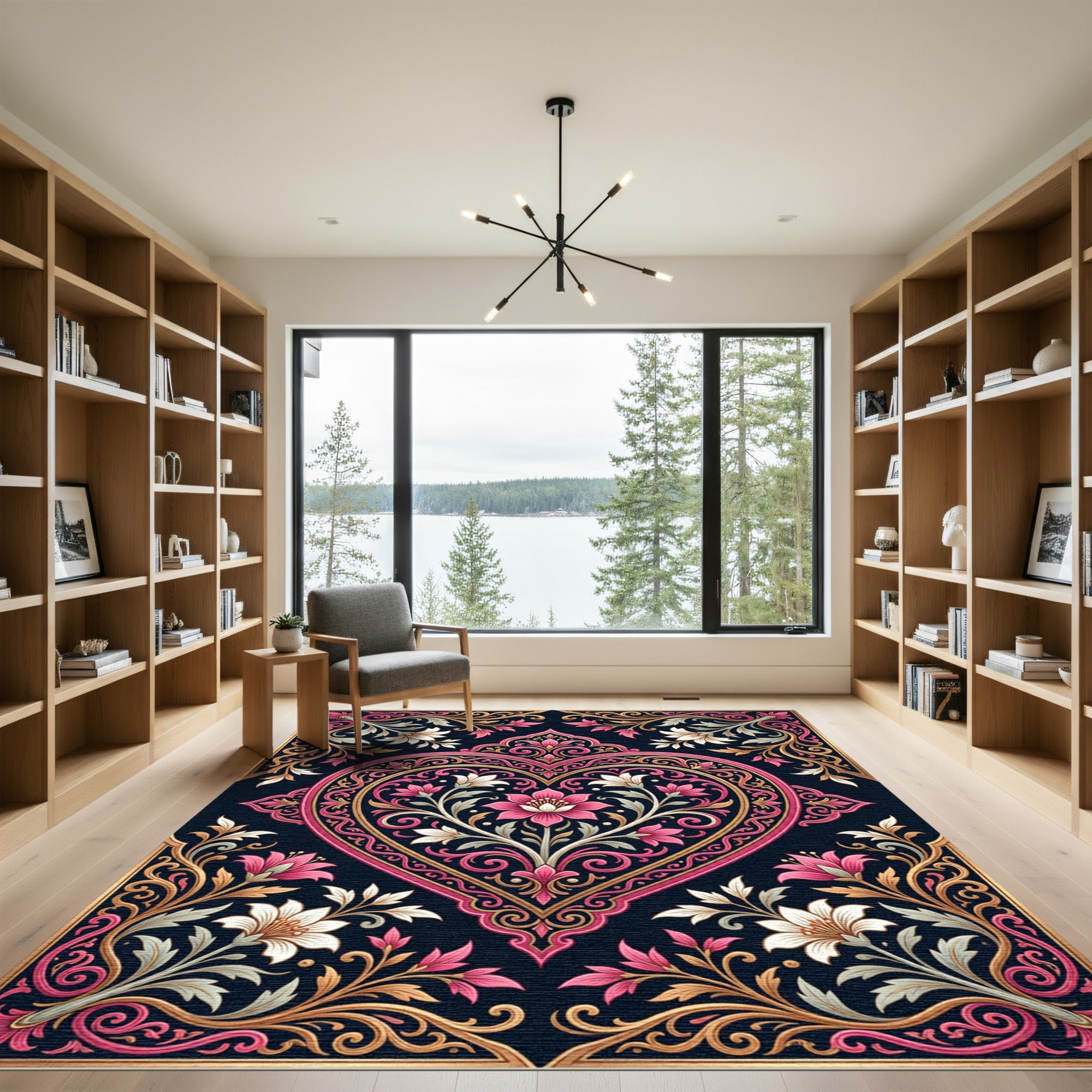 Exquisite Pink Gold Floral Heart Frame Rug