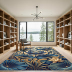 Deep Blue Golden Lotus Floral Composition Rug