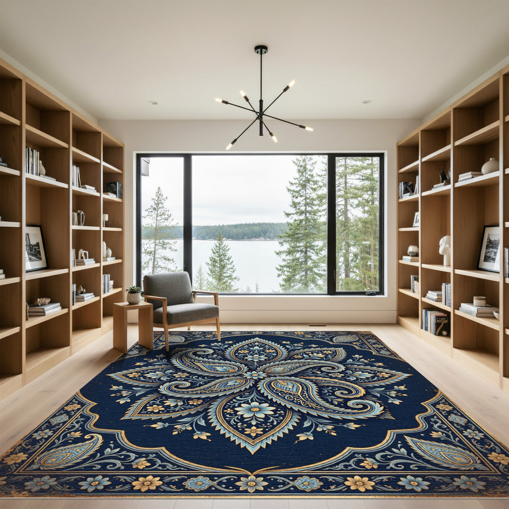 Ornate Midnight Blue Paisley Medallion Rug