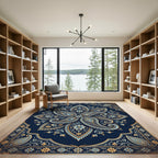 Ornate Midnight Blue Paisley Medallion Rug