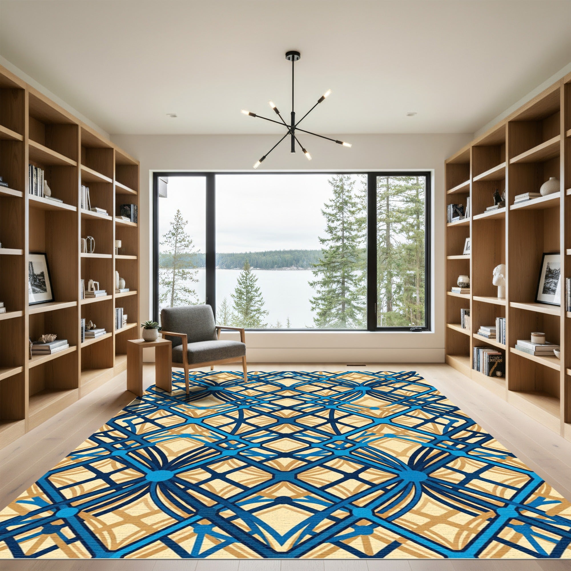 Geometric Grid Azure and Gold Entangled Rug