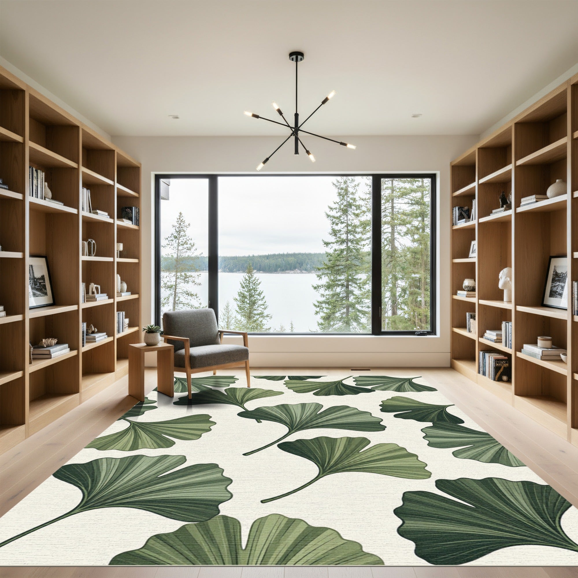 Earthy Green Ginkgo Leaf Botanical Rug