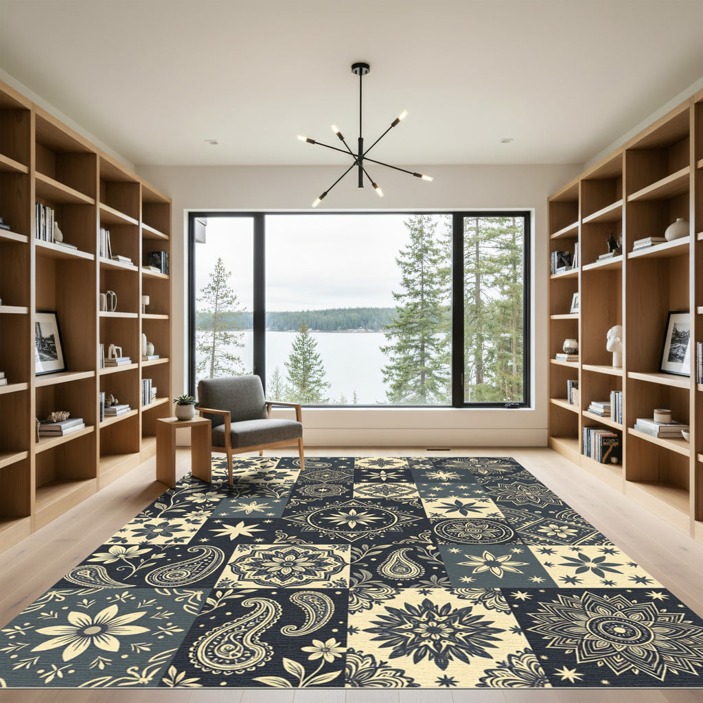 Midnight Navy Floral Paisley Tile Rug