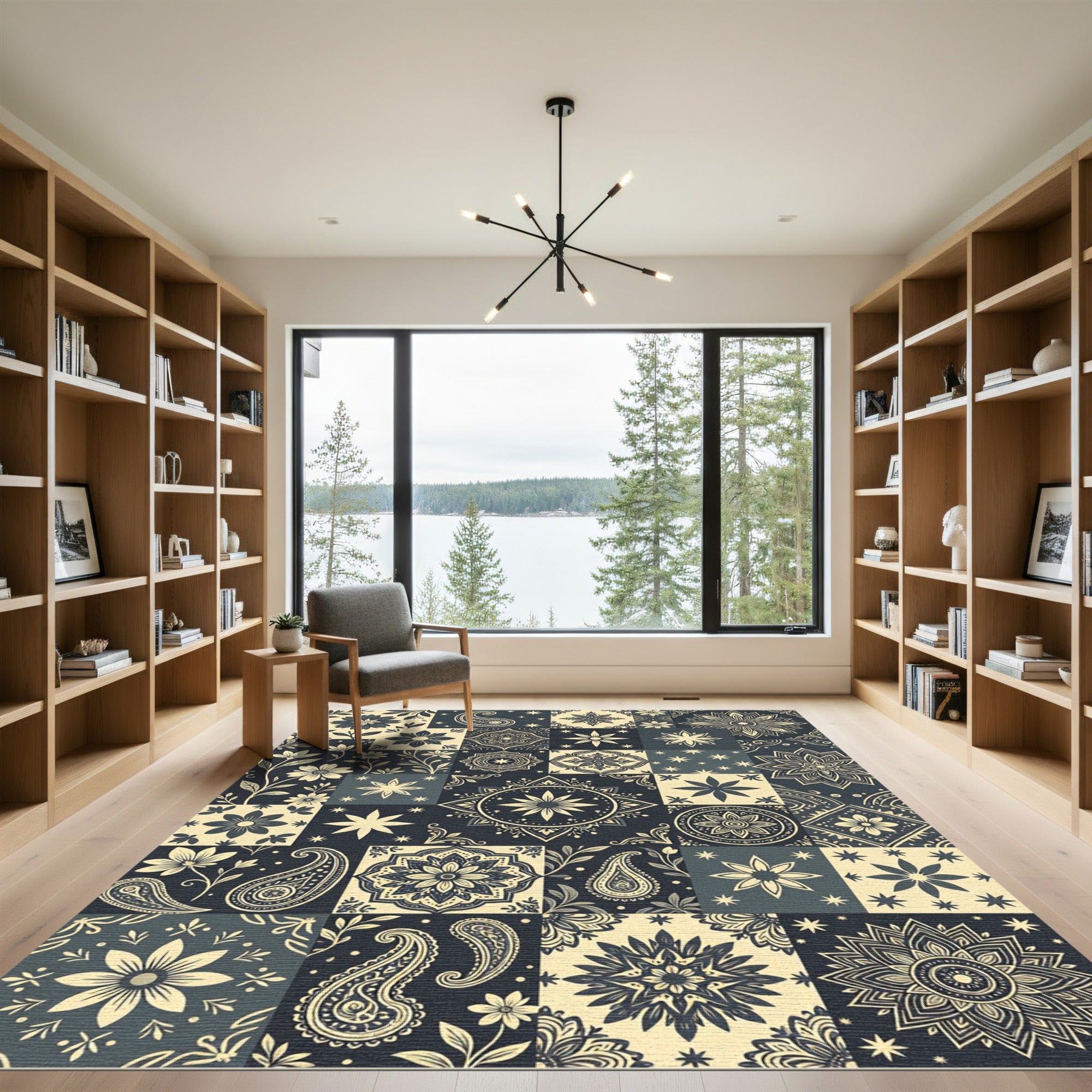 Midnight Navy Floral Paisley Tile Rug